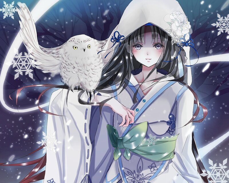 Anime Girl with Owl — White