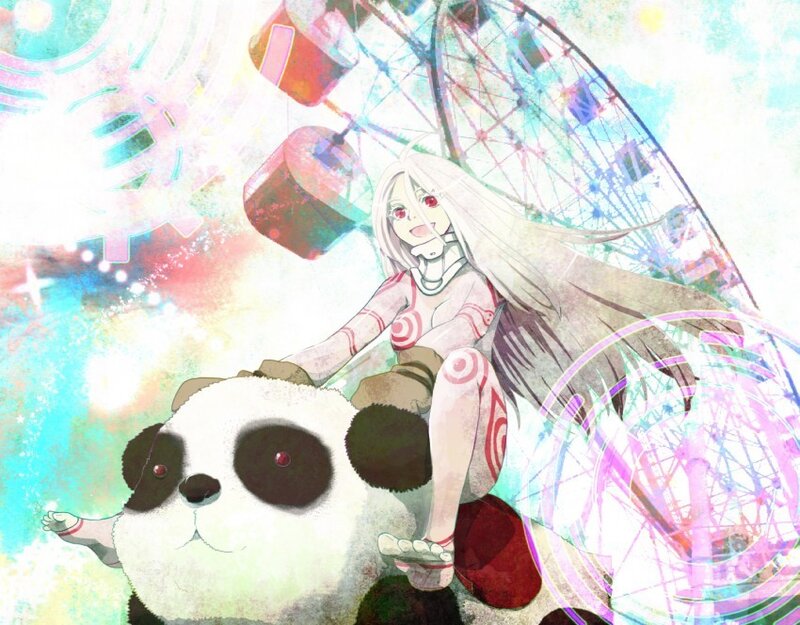 Anime girl with panda at carnival