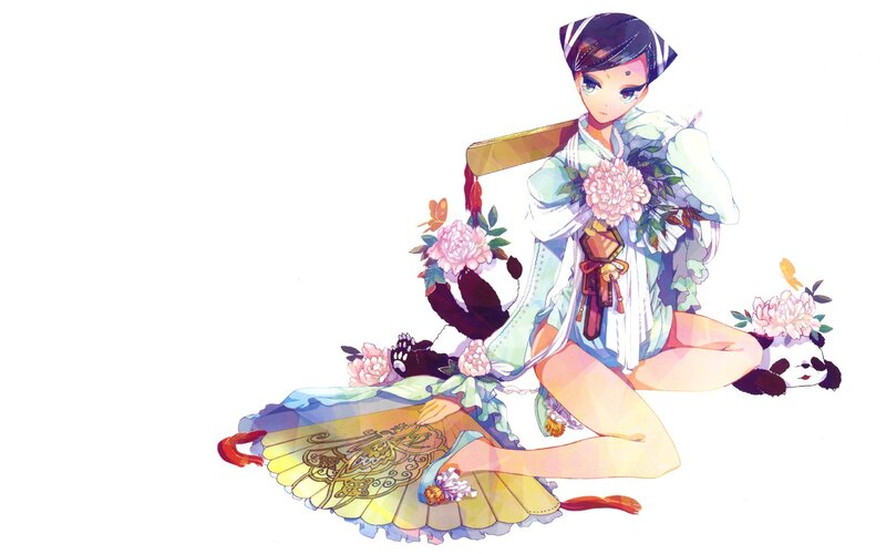 Anime Girl with Pandas — White, Calm
