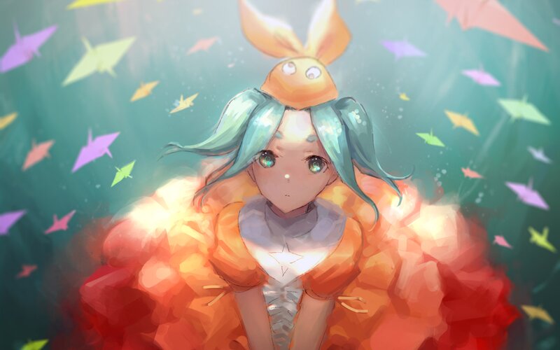 Anime Girl with Paper Cranes — Orange