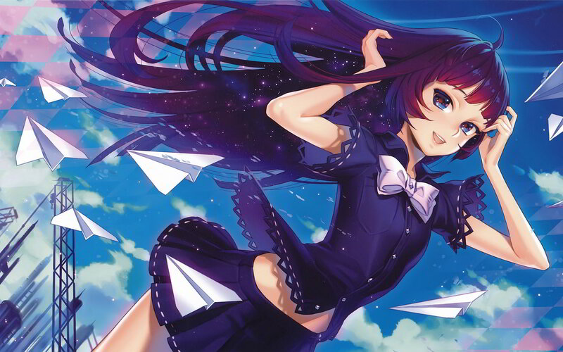 Anime Girl with Paper Planes — Blue, Dreamy, Afternoon