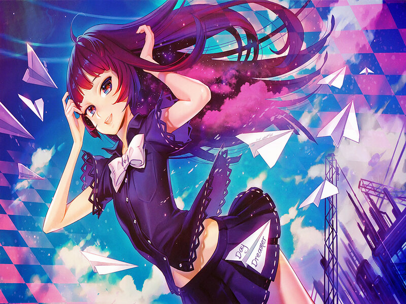 Anime Girl with Paper Planes — Purple