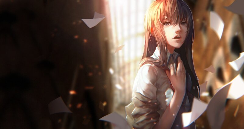 Anime Girl with Papers — Brown, Dramatic, Afternoon
