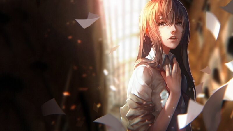 Anime Girl with Papers — Brown, Dramatic, Sunset