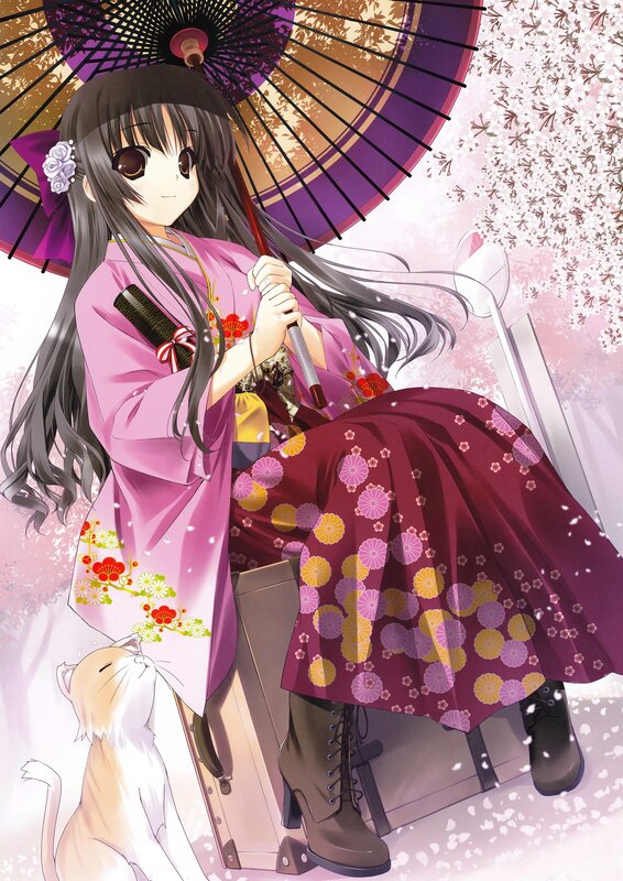 Anime girl with parasol and cat