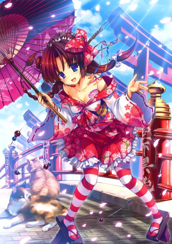 Anime girl with parasol and cats
