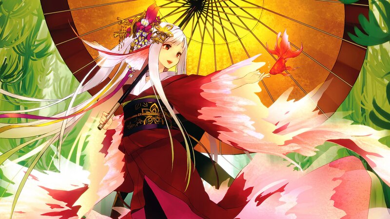 anime girl with parasol and fish
