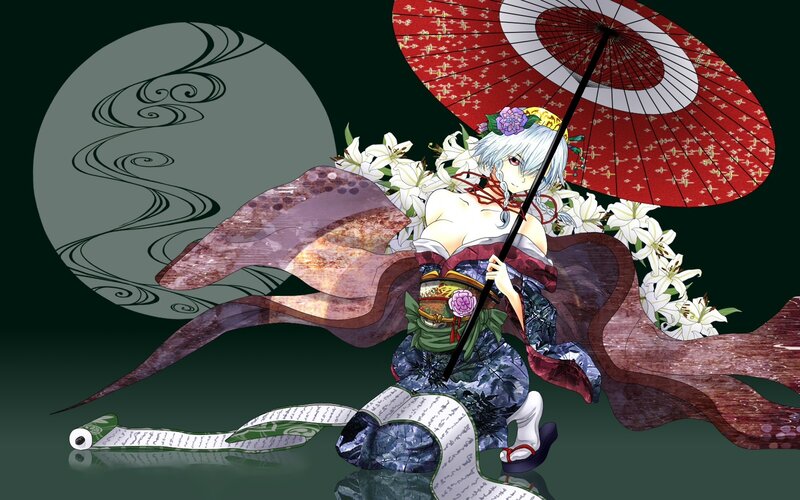 anime girl with parasol and flowers