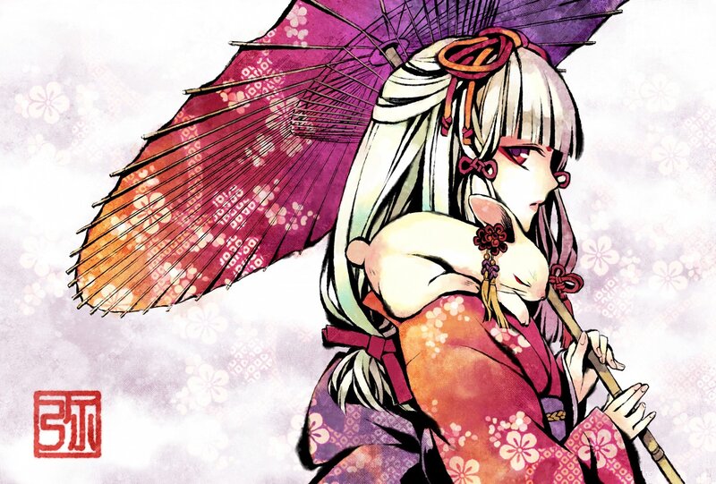anime girl with parasol and rabbit