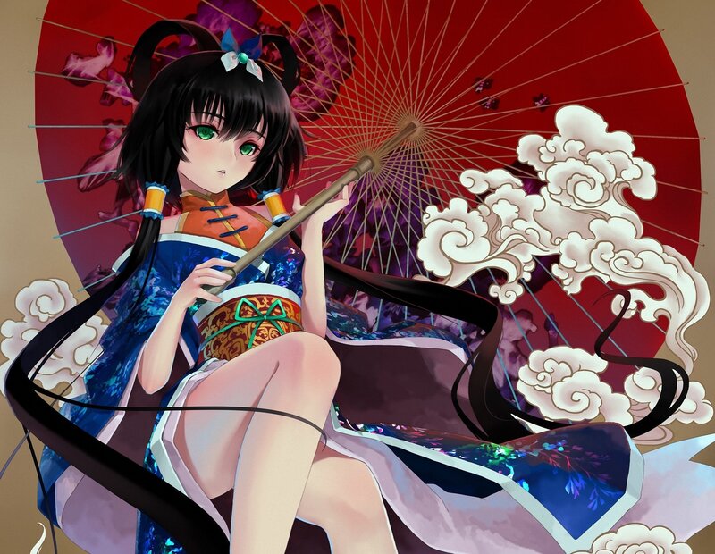 Anime Girl with Parasol — Blue, Serene, Digital Art