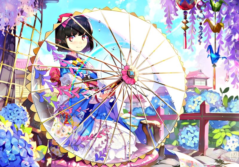 Anime Girl with Parasol — Blue, Serene