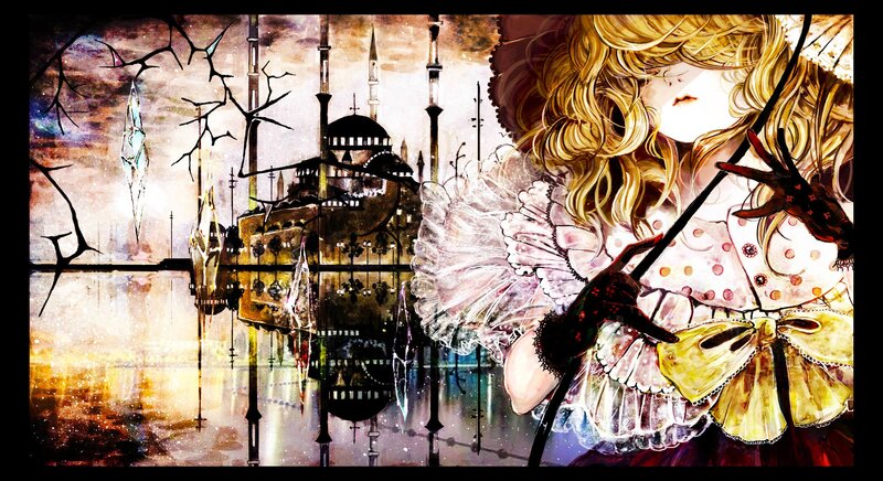 anime girl with parasol by castle