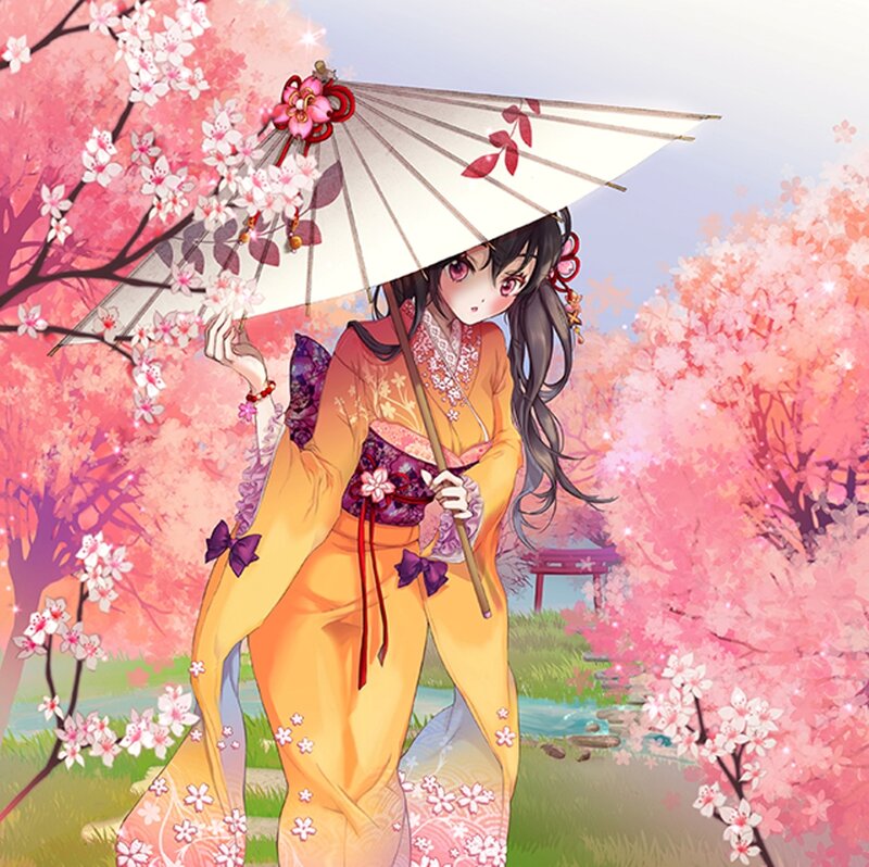 Anime Girl with Parasol — Pink, Serene, Spring, Digital Art, Cherry Blossoms