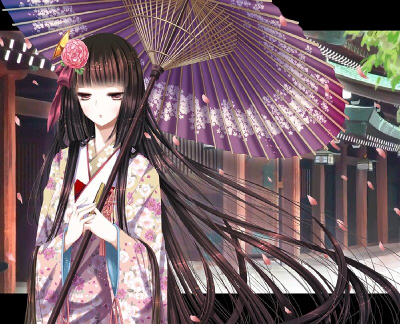 Anime Girl with Parasol — Purple, Serene, Spring, Kimono