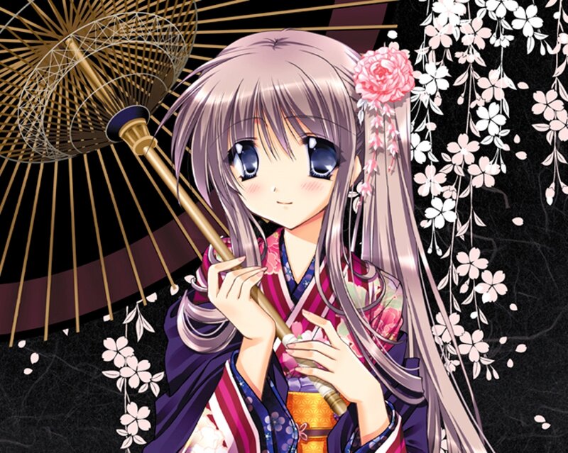Anime Girl with Parasol — Purple, Serene, Spring