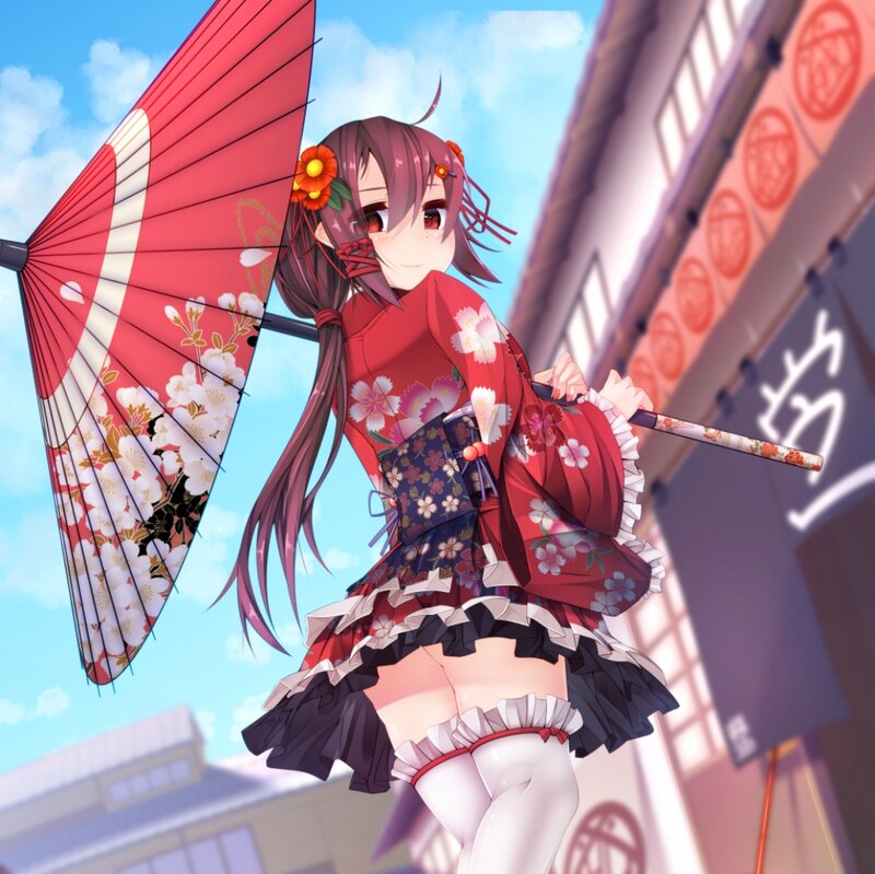 Anime Girl with Parasol — Red, Cheerful