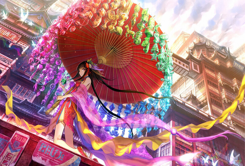 Anime Girl with Parasol — Red, Dramatic, Afternoon