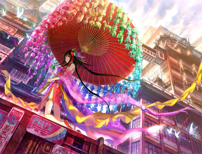 Anime Girl with Parasol — Red, Dramatic