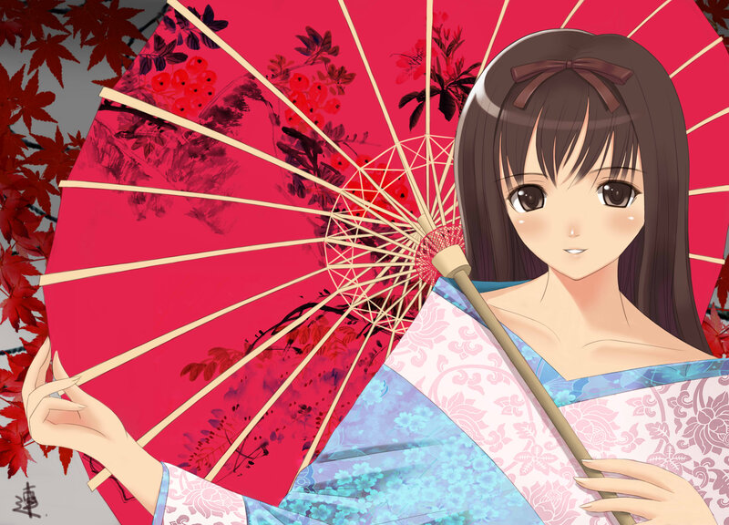 Anime Girl with Parasol — Red, Serene