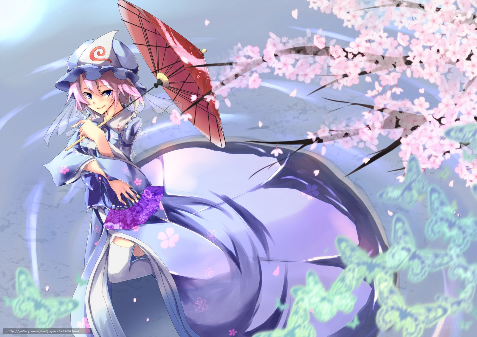 Anime girl with parasol under cherry blossoms