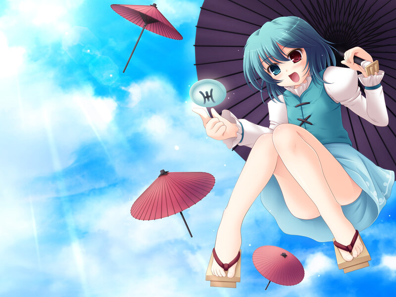 Anime girl with parasols in sky