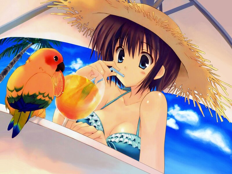 Anime girl with parrot at beach