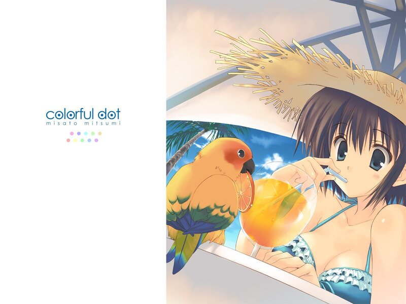 Anime girl with parrot at beach