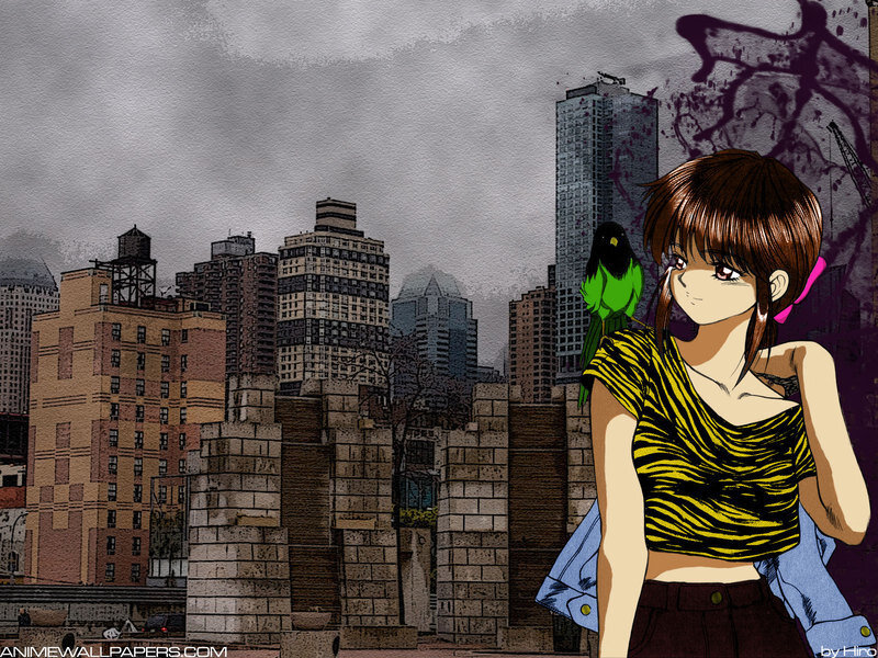 anime girl with parrot in city