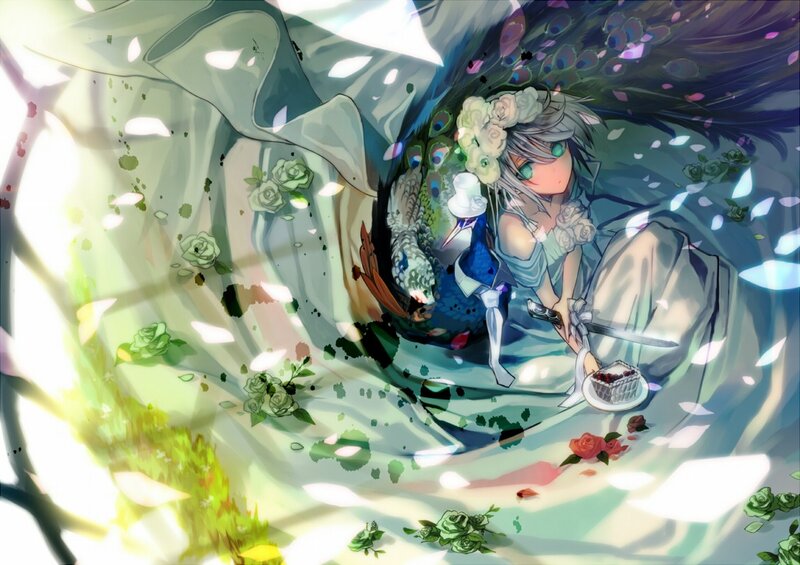 anime girl with peacock and cake
