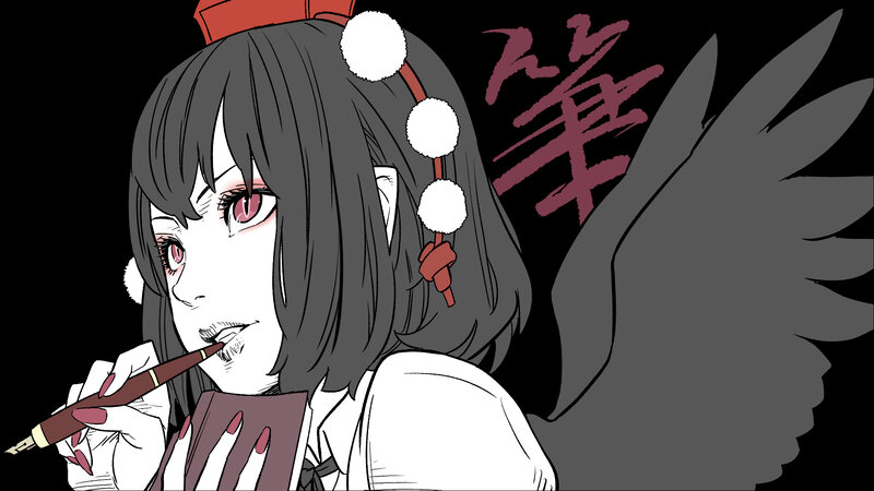 Anime Girl with Pen — Black, Dramatic