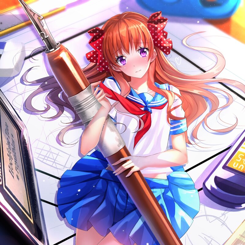 Anime Girl with Pen — Blue, Calm