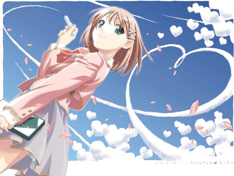 Anime Girl with Pen — Blue, Cheerful