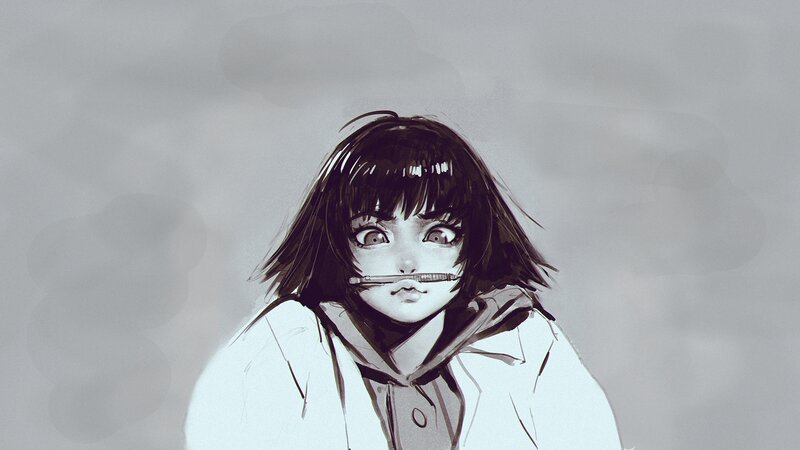 Anime Girl with Pen — Gray