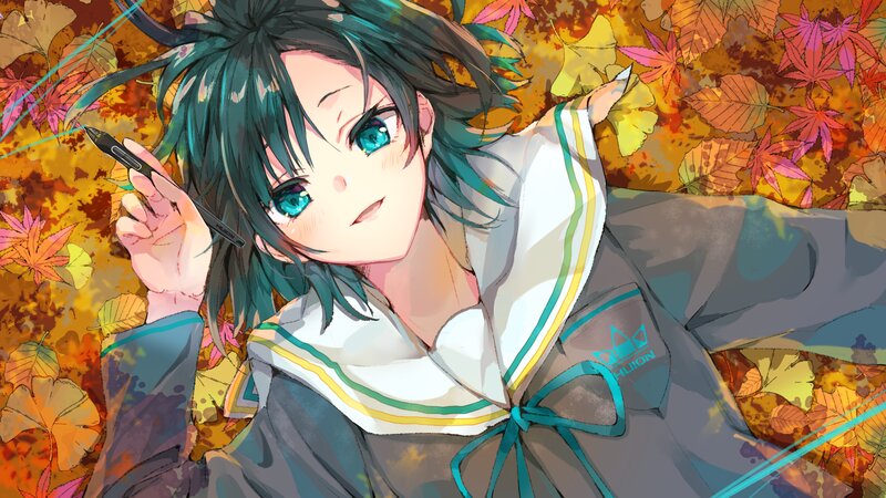 Anime Girl with Pen — Green, Calm