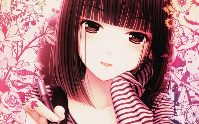 Anime Girl with Pen — Pink, Calm