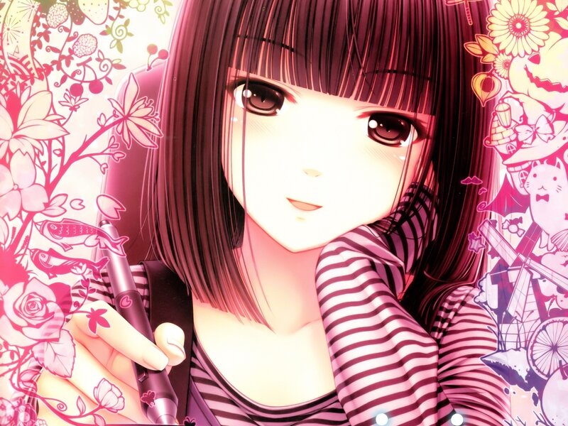 Anime Girl with Pen — Pink, Dreamy