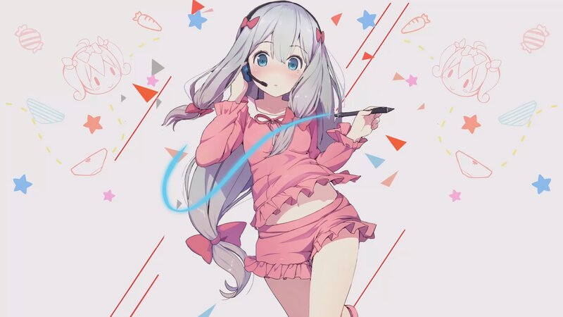 Anime Girl with Pen — Pink, Playful, Digital Art