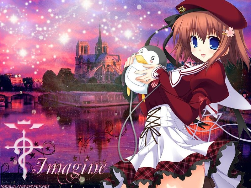 Anime girl with penguin in Paris