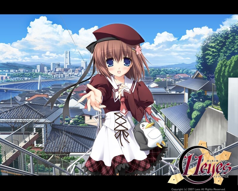 Anime girl with penguin on rooftop
