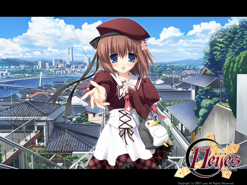 Anime girl with penguin on rooftop