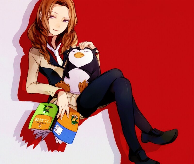 anime girl with penguin plush