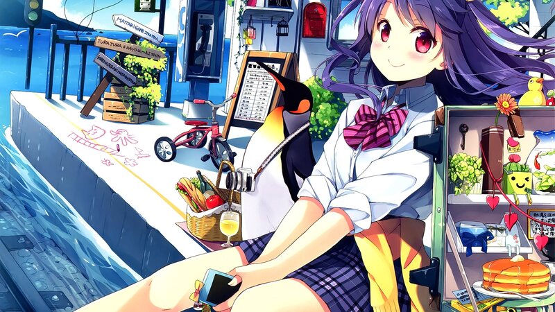 Anime Girl with Penguin — Purple, Cheerful, Afternoon, Basket