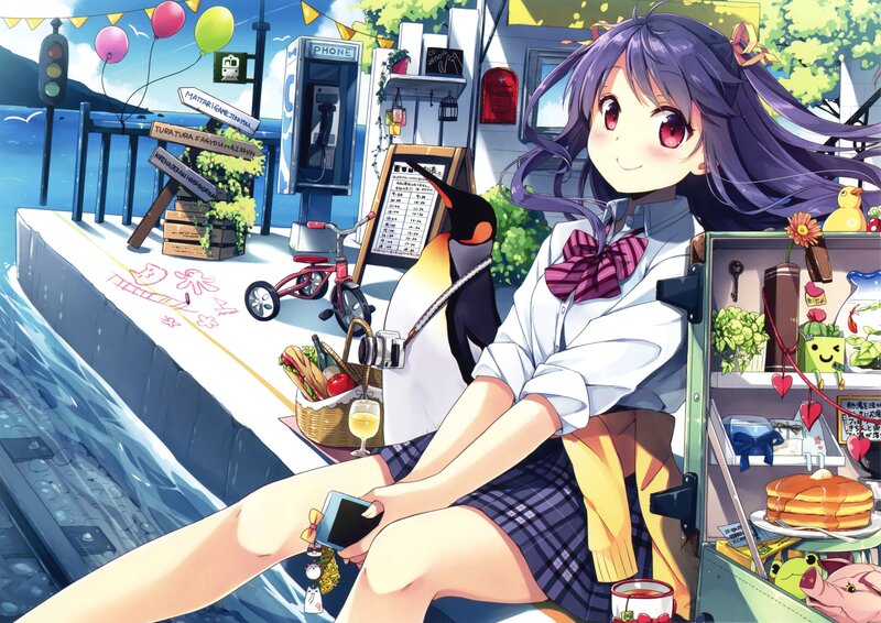 Anime Girl with Penguin — Purple, Cheerful