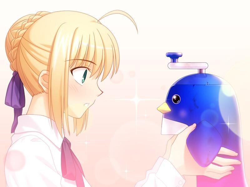 anime girl with penguin toy