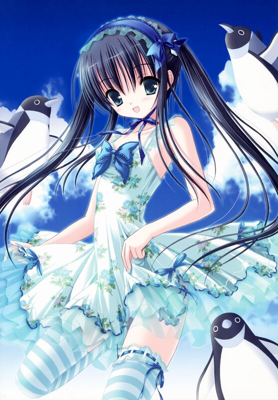 Anime Girl with Penguins — Blue, Playful, Dress