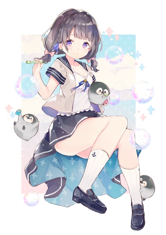 Anime Girl with Penguins — Blue