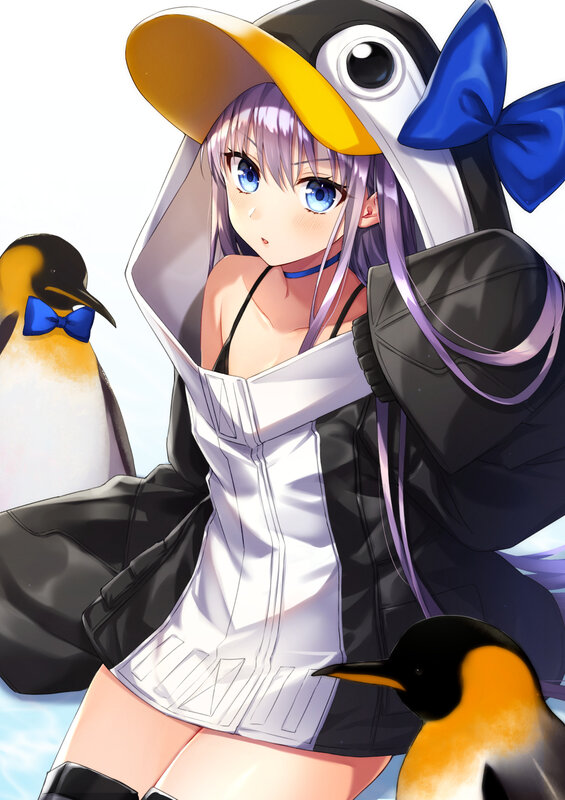 Anime Girl with Penguins — Purple