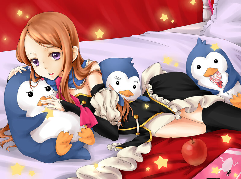 Anime Girl with Penguins — Red