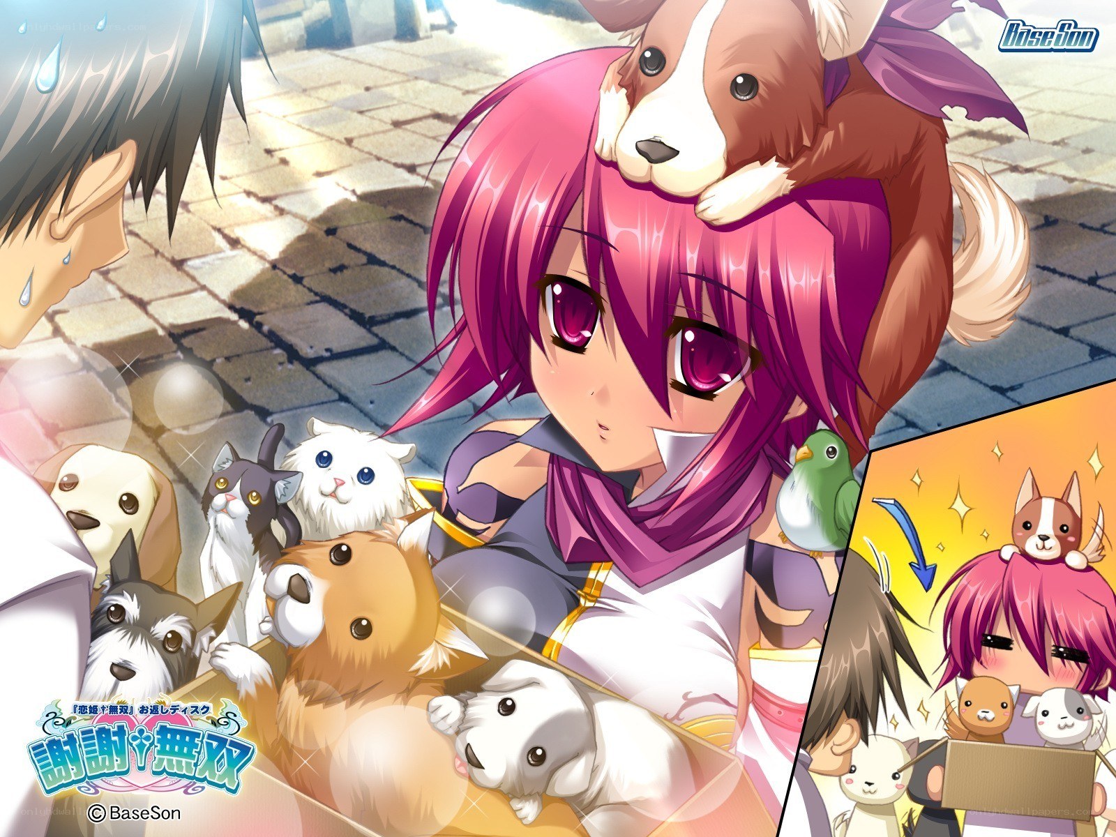 Anime girl with pets