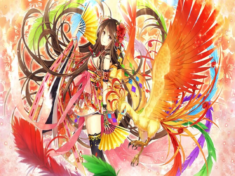 Anime Girl with Phoenix — Red, Vibrant